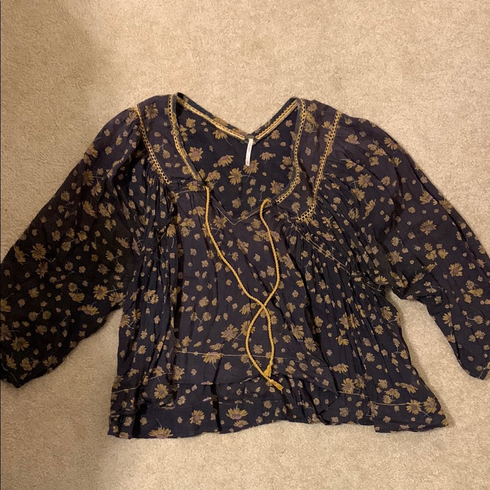 Free People Gold and Gray Boxy Blouse with 3/4 Sleeves